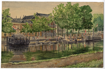 818839 Afbeelding van een menageschip, enkele vletten en stoomsloepen en de Stoomkanonneerboot No. 3 in de ...